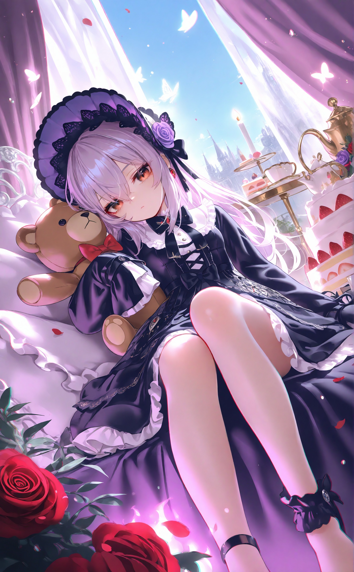 masterpiece,very aware,highres,absurdres,newest,best quality,loli,petite,high quality,chromatic_aberration,cinematic_angle,dutch angle,//,1girl, candle, stuffed toy, stuffed animal, solo, red eyes, flower, purple hair, dress, candlestand, teddy bear, rose, cake, butterfly, sleeves past wrists, food, bonnet, sleeves past fingers, lying, bug, on back, long hair, purple dress, teacup, cup, pillow, looking at viewer, purple rose, bow, card, purple flower, on bed, book, lolita fashion, cake slice, frills, red rose, closed mouth, red flower, lolita hairband, teapot, fruit, long sleeves, red bow, plate, bed, ankle garter, hair between eyes, holding, curtains, hair ornament, barefoot, expressionless, bowtie, petals, playing card, indoors, fire, black dress, black flower, gothic lolita, frilled pillow, purple theme, ribbon, purple headwear, hair flower, holding stuffed toy, tea, stuffed rabbit, black rose, feet out of frame, frilled dress, bare legs, anklet, birthday cake, black bow, glowing butterfly, small breastssky,rose,hood down,day,brown eyes,plant,garden,black nails,(sky),asymmetrical clothes,earrings,sitting,long sleeves,white bird,<lora:Komachan:0.9>,