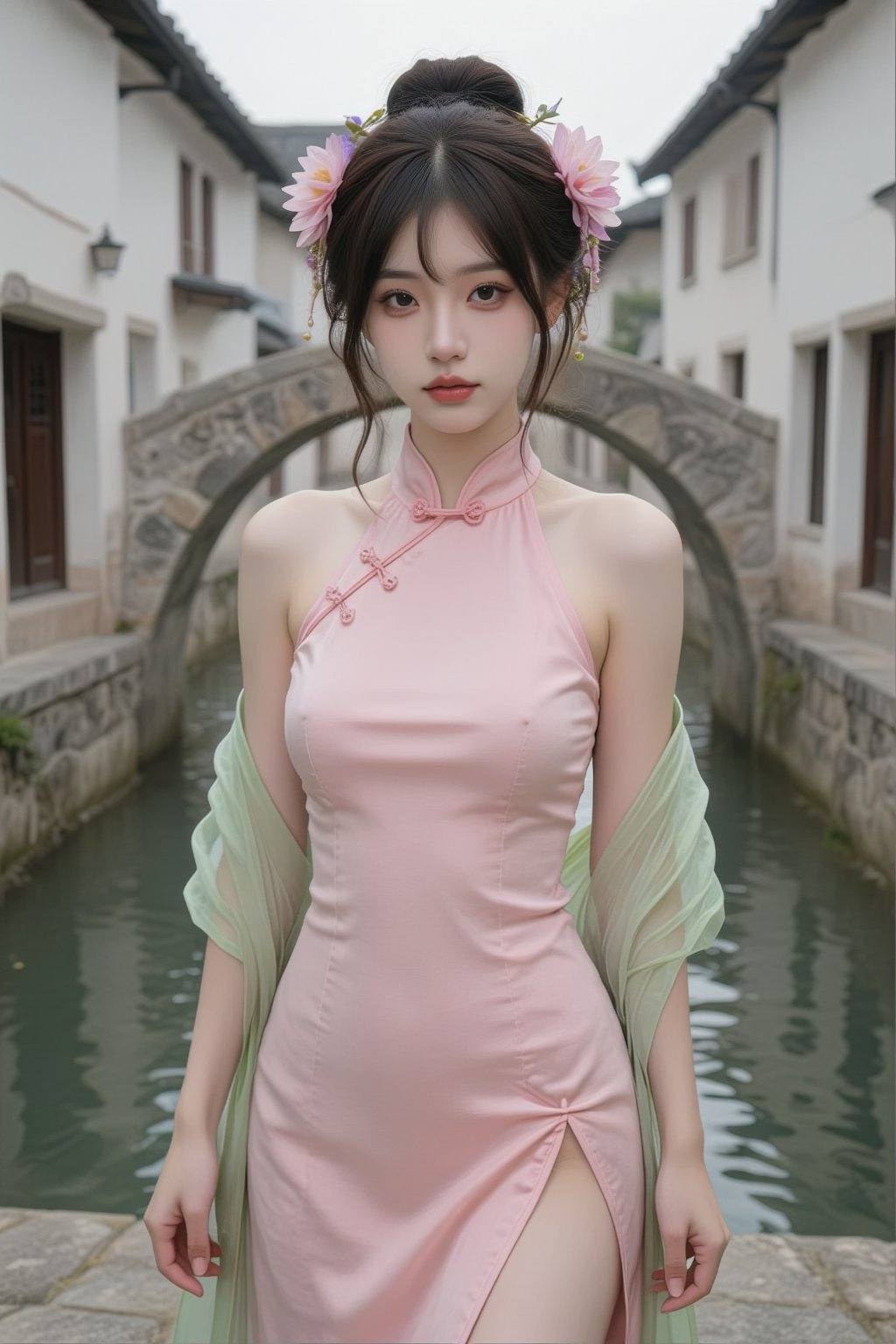 A young East Asian woman with dark hair styled in a bun adorned with pink and purple flowers stands centrally in the frame...