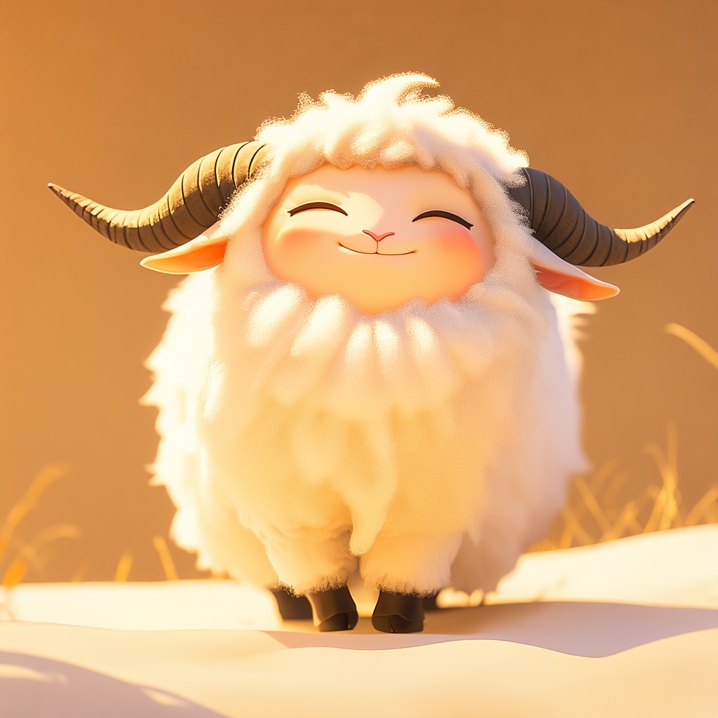 weiyang, sheep, fluffy, cute, mf-movie-filter, warm colors, white fur, whimsy and dramatic lighting, cc-color-correction, ^ ^, soft lighting, sheep horns, :3, sheep focus, sheep ears, no humans, closed eyes, solo, smile, horns, simple background, closed mouth, standing, facing viewer, orange theme, full body, brown background, outdoors, orange background,<lora:weiyang_v1:0.8>,