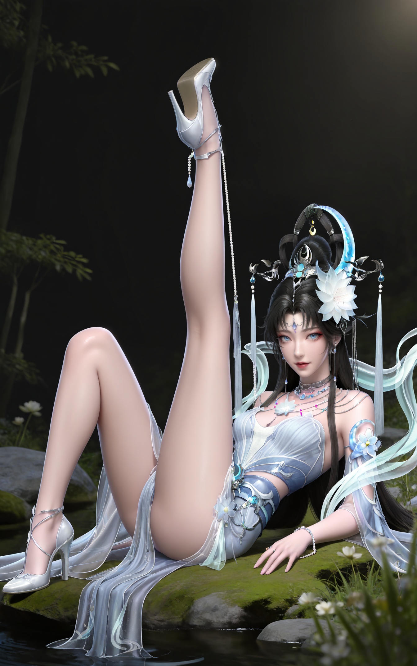masterpiece,high quality,tall,game cg,highres,(soft light:1.2),(white_skin:0.6),(shiny_skin:0.6),(realistic:1.1),lvjing,black_background,simple background,outdoor,<lora:邀月仙子·ILL:0.8>,black hair,long hair,blue eyes,forehead_jewel,hair_bun,hair ring,beads,necklace,sash,earrings,bare shoulders,yaoyue white dress,1girl,solo,lotus hair flower,crescent hair_ornament,flower,high_heels,jewelry,nature,