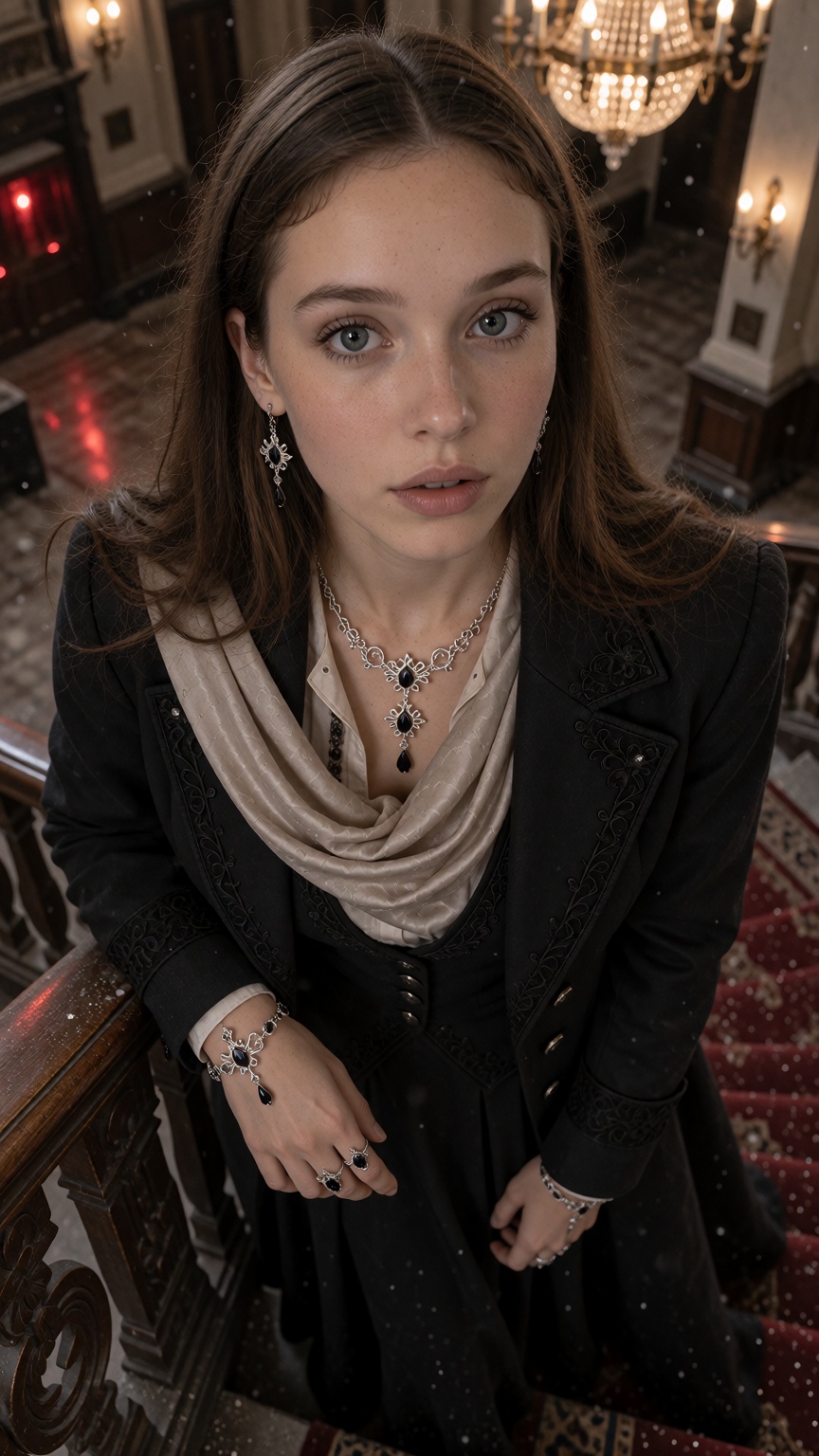 MarinaX,  straight brown hair with a slightly off-center part,  . Setting: abandoned opera foyer on Tensor.Art