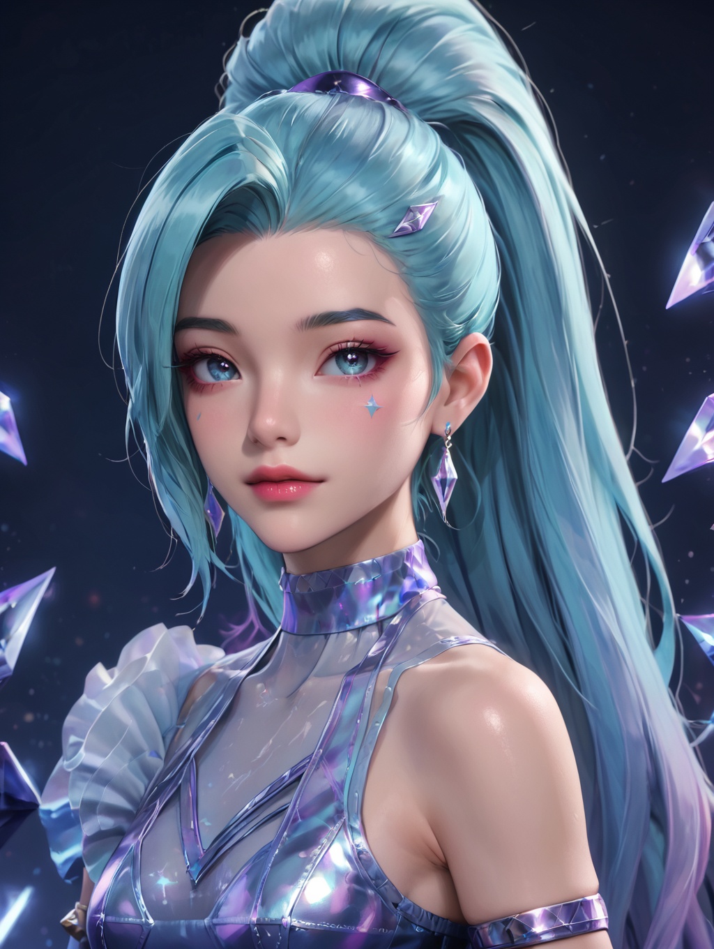 1girl, k/Da (league of legends), seraphine, (official k/da), (league of legends), aqua purple hair, k/da short outfit, <lora:SeraphinePonyV1:0.6>looking at viewer, arms on side, headshot,