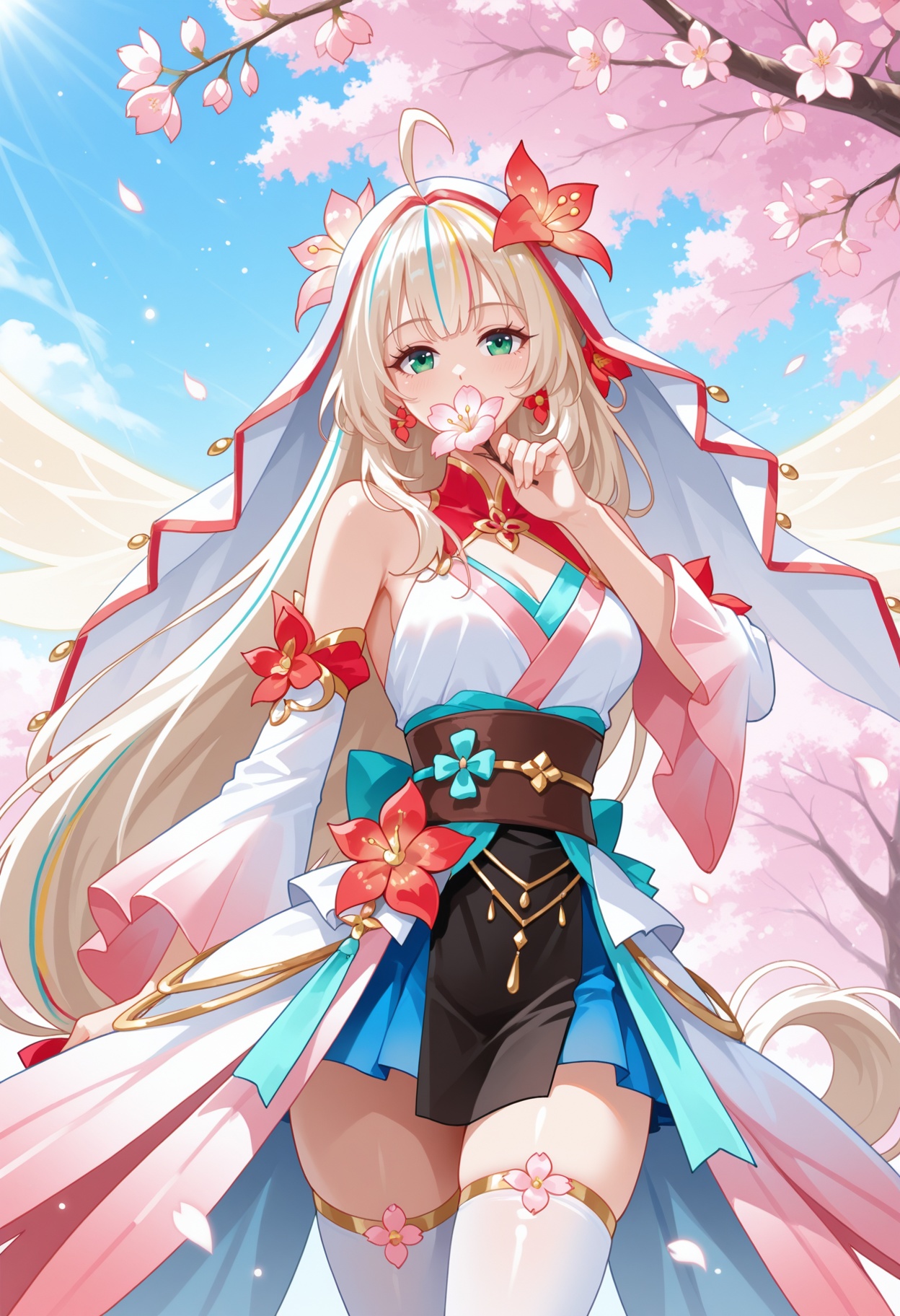 1girl,solo,cherry blossoms,shirt,holding,petals,flower,looking at viewer,upper body,branch,pink flower,white shirt,bare shoulders,collared shirt,sleeveless shirt,holding flower,outdoors,falling petals,day,sky,blue sky,leaf,upper_body,eyelashes,light particles,dappled sunlight,sunlight,pink theme,tree,covering mouth,hand up,covered mouth,<lora:祈忆歌:1>,qiyige,1girl,long hair,beige hair,blonde hair,hair ornament,green eyes,flower,ahoge,white hair,multicolored hair,wings,streaked hair,veil,thighhighs,jewelry,very long hair,flower,high heels,white thighhighs,low-tied long hair,absurdly long hair,intricate details,anime costume,elegant outfit,flowing dress,layered clothing,asymmetric hem,bell sleeves,ruffled skirt,obi waistband,off-shoulde,silk satin fabric,translucent tulle accents,gold embroidery,white base clothing,pink-orange gradient accents,lowres,blue floral motifs,red petal details,floating ribbons,airborne clothing,dynamic wind effect,sparkling particles,