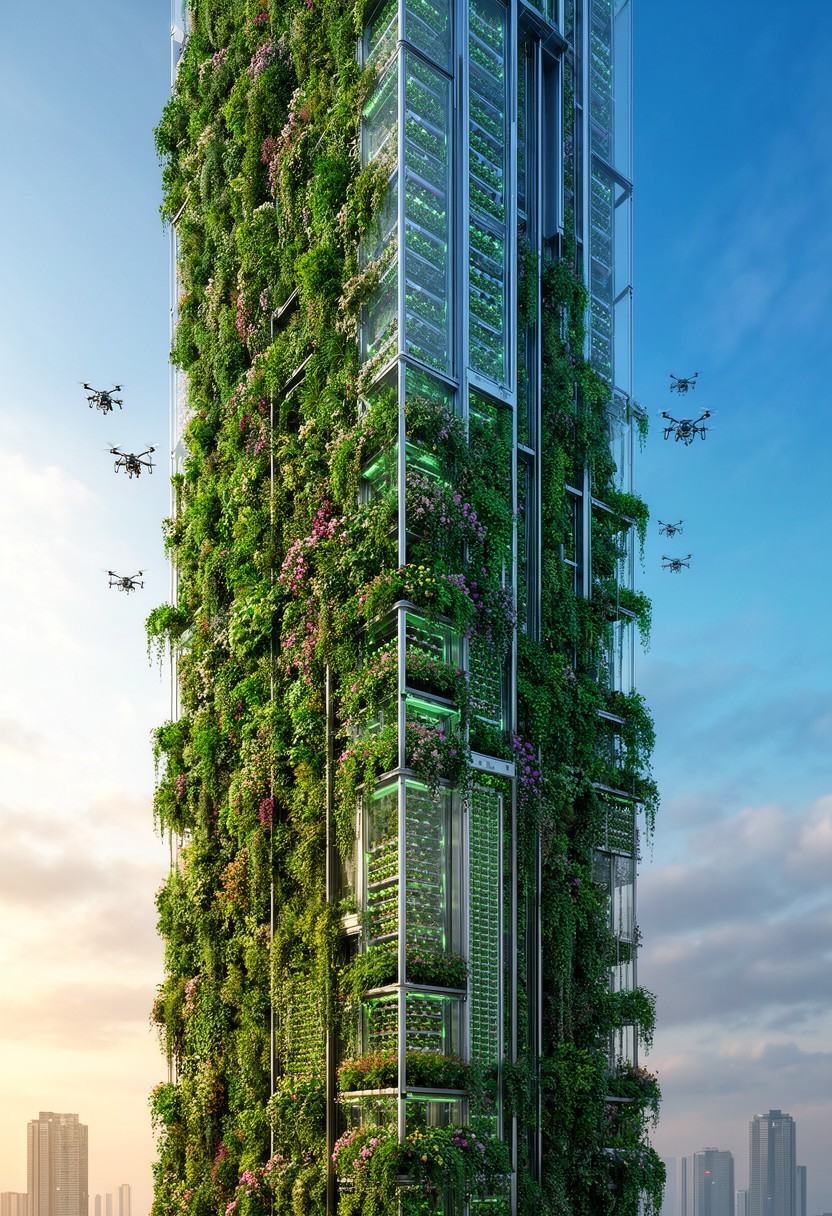 starcity_alpha,  futuristic skyscraper completely wrapped in vertical gardens,  cascading greenery and flowering vines cov...