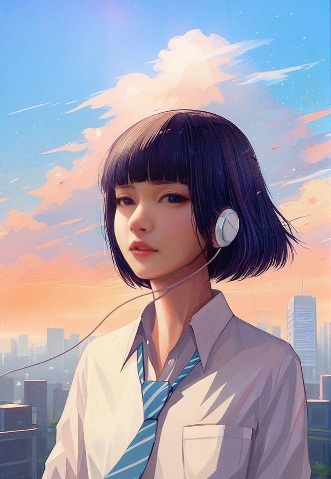 (best quality), ((masterpiece)), (highres), illustration, original, extremely detailed, <lora:少女梦绘卷:0.7>1girl, solo, shirt, necktie, earphones, parted lips, white shirt, outdoors, black hair, sky, day, nose, collared shirt, looking at viewer, short hair, blue sky, upper body, wing collar, striped, earbuds, bangs, blue necktie, pocket, lips, striped necktie, building, city, breast pocket, black eyes, cloud, school uniform, bob cut, blunt bangs