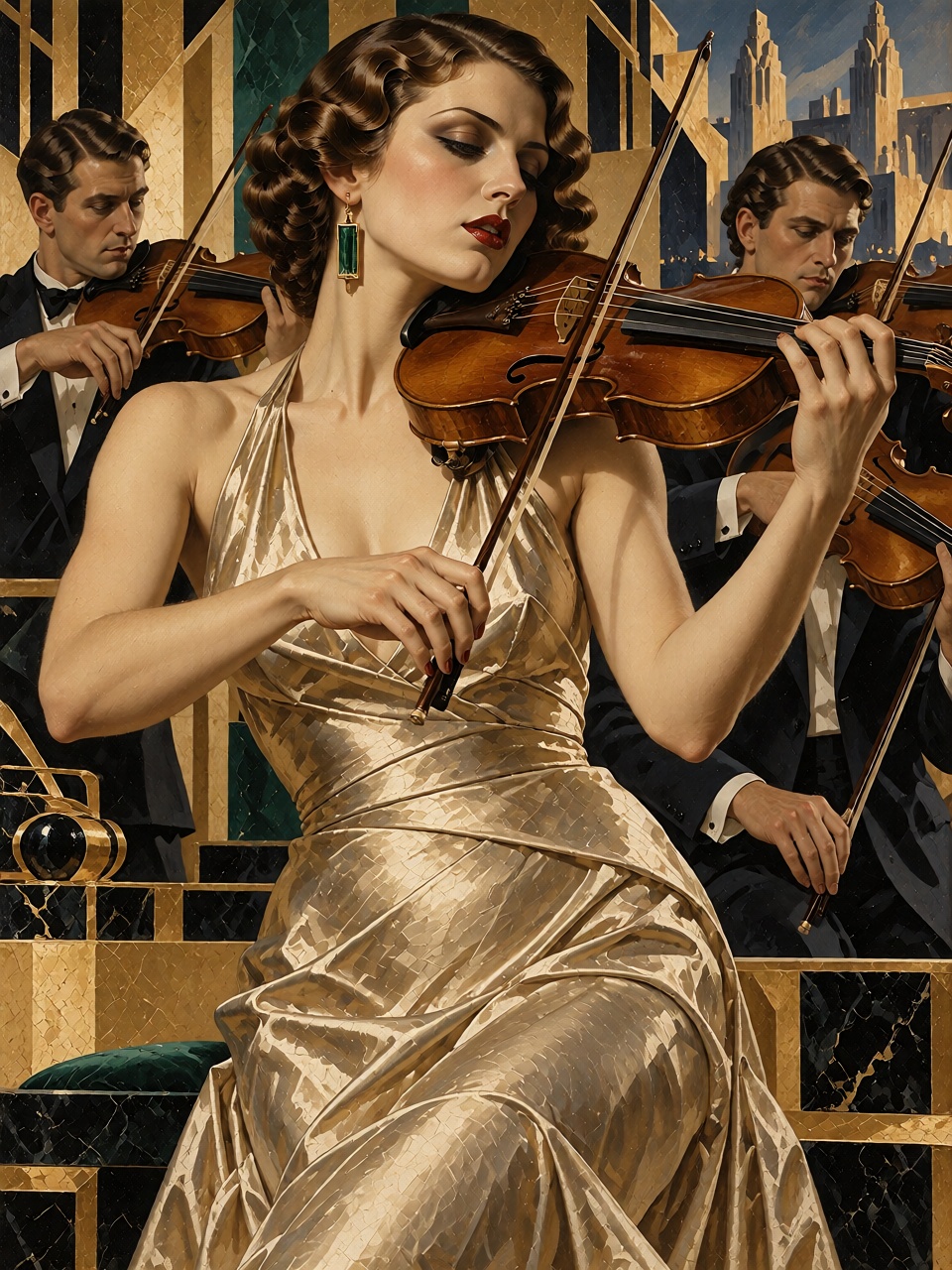 A beautiful woman with dark wavy hair playing a violin passionately on a small concert stage,  wearing a fitted golden sil...