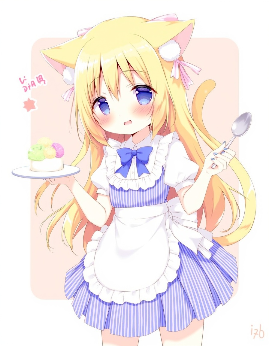 shiratama_(shiratamaco), commentary_request, 1girl, animal_ear_fluff, animal_ears, apron, bare_shoulders, blonde_hair, blue_bow, blue_eyes, blue_nails, blue_skirt, blush, bow, candy_wrapper, cat_ears, cat_girl, cat_tail, fang, food, frilled_apron, frills, hair_between_eyes, hair_bow, holding, holding_spoon, long_hair, looking_at_viewer, macaron, nail_polish, off-shoulder_shirt, off_shoulder, open_mouth, pleated_skirt, pudding, puffy_short_sleeves, puffy_sleeves, shirt, short_sleeves, skirt, solo, spoon, striped_bow, striped_clothes, striped_skirt, tail, vertical-striped_clothes, vertical-striped_skirt, very_long_hair, waist_apron, white_apron, , white_shirt, , original, year_2022,, <lora:flux-Shiratamaco-000006:1>