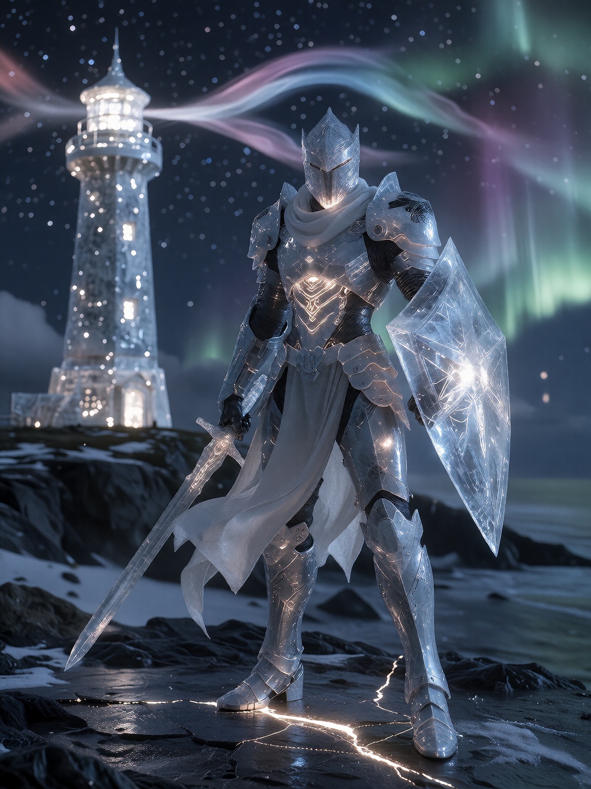 Highly detailed epic fantasy digital painting,  close-up on a futuristic knight in crystalline armor that matches the ligh...