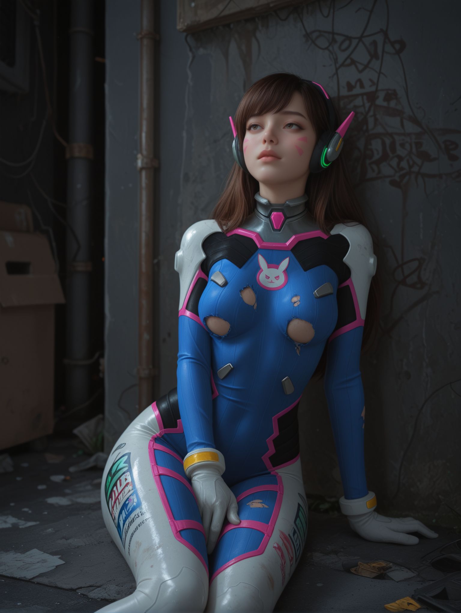 An exhausted d.va lying in an alley with her bodysuit ripped,  d.va \(overwatch\),  sitting on Tensor.Art