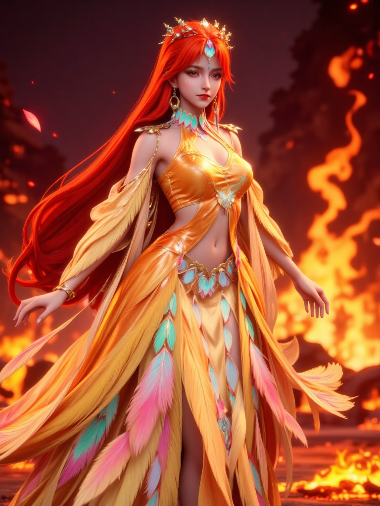 WM,A digital CGI artwork of a fantastical,ethereal woman with long red hair,adorned with glowing,colorful feathers and jewels. She wears a flowing,ornate,feathered gown in shades of yellow and pink. The background is a fiery,smoky landscape with orange and red hues,evoking a mystical,otherworldly atmosphere.,