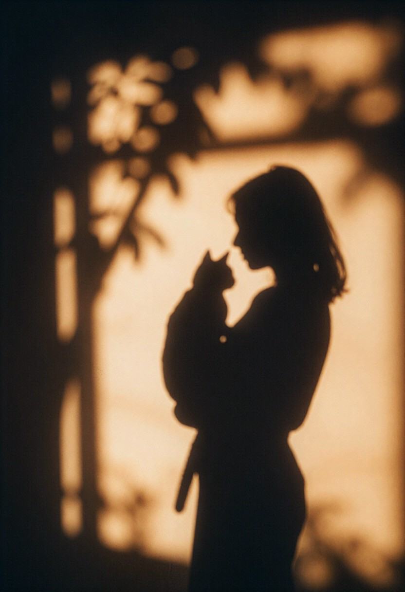 Silhouette of a woman holding a cat,  cast as a shadow on a wall during golden hour,  with dappled light from a window cre...