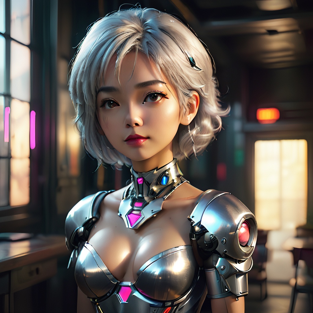 1girl,solo,shiny_skin,glamor,silver hair,light_blush,lipstick,medium breasts,arms_crossed,jiniang,<lora:机娘:0.7>,colorful,game cg,Cinematic Lighting,metallic luster,moody lighting,available light,ban,panorama,full_shot,, masterpiece, best quality,