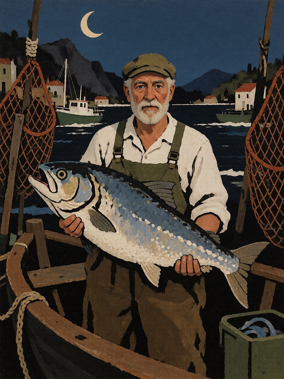 A fisherman holding an enormous silver fish beside a wooden boat. Two orange fishing nets hang from poles,  while distant...