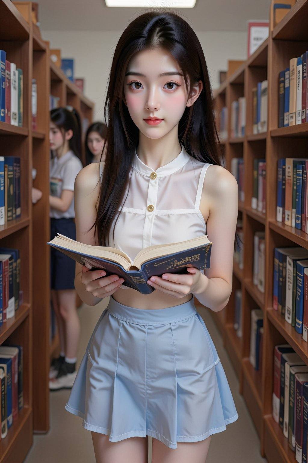 The photo captures a quiet,  narrow aisle in a library,  lined with wooden bookshelves. A young Asian woman stands in the...