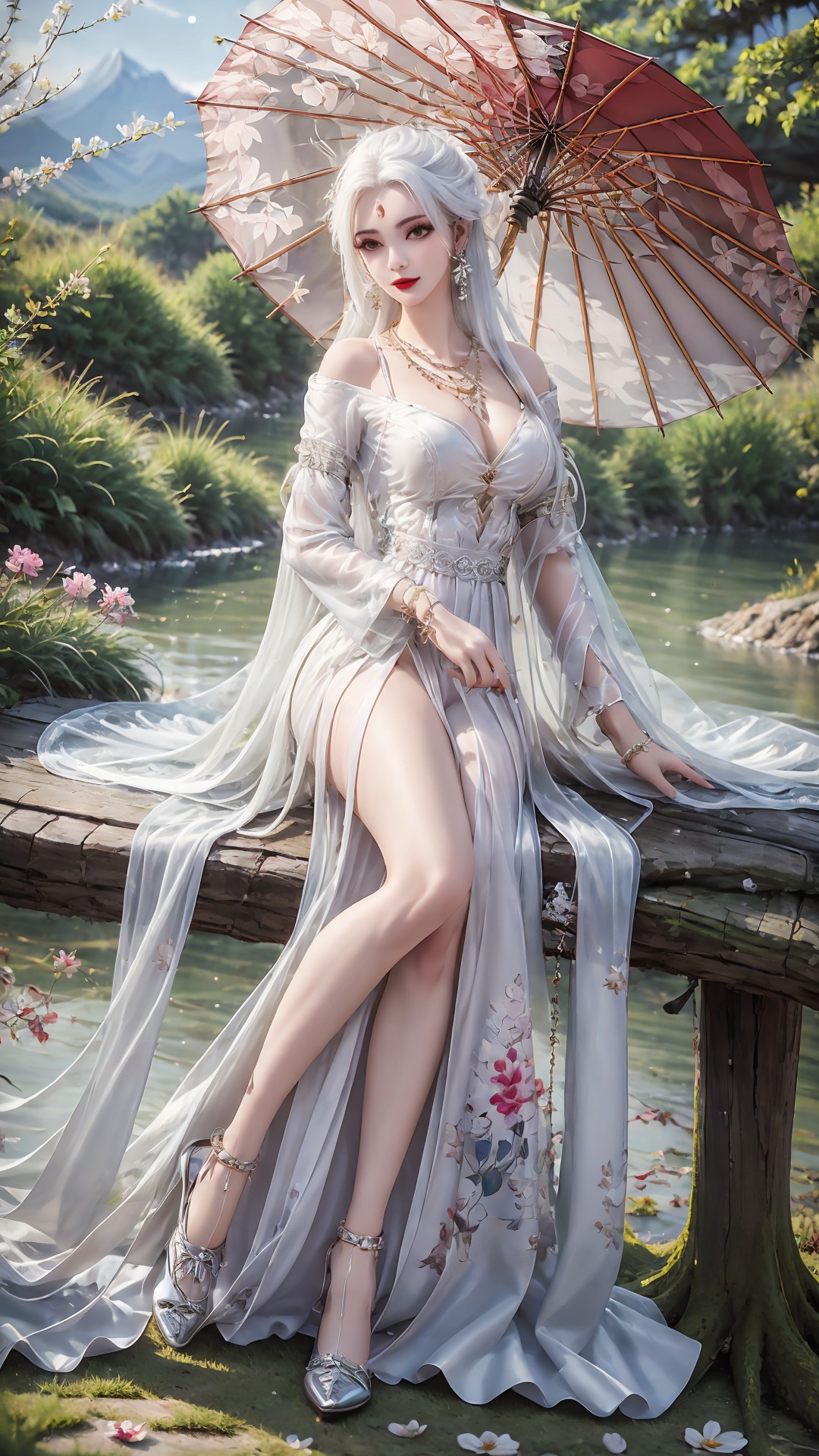 1girl,umbrella,solo,dress,white dress,holding umbrella,jewelry,long hair,holding,outdoors,chinese clothes,mountain,earrings,necklace,long sleeves,white hair,<lora:girl miaojiangxiaobai_20240912173536:0.7>,