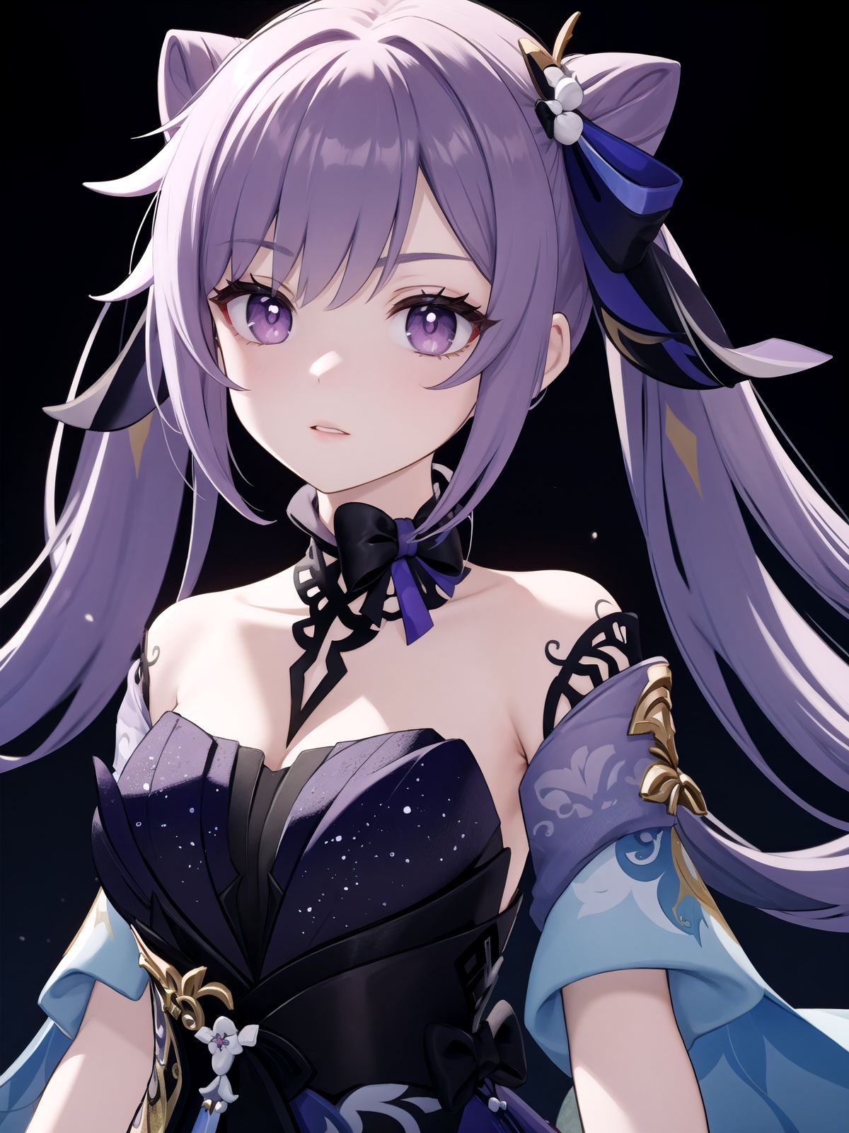 (best quality),((masterpiece)),looking at viewer,solo,keqing (opulent splendor) (genshin impact),official alternate costume,1girl,keqing (genshin impact),solo,purple hair,dress,long hair,looking at viewer,hair bun,twintails,breasts,bare shoulders,purple eyes,strapless,black dress,bangs,purple nails,strapless dress,cone hair bun,nail polish,ribbon,parted lips,double bun,upper body,diamond-shaped pupils,symbol-shaped pupils,cleavage,bow,black background,hair ribbon,diamond (shape),detached collar,hand up,hair ornament,<lora:[角色]-[刻晴-原神]keqing_lion_optimizer_dim64_loraModel_5e-3noise_token1_4-3-2023:1>,
