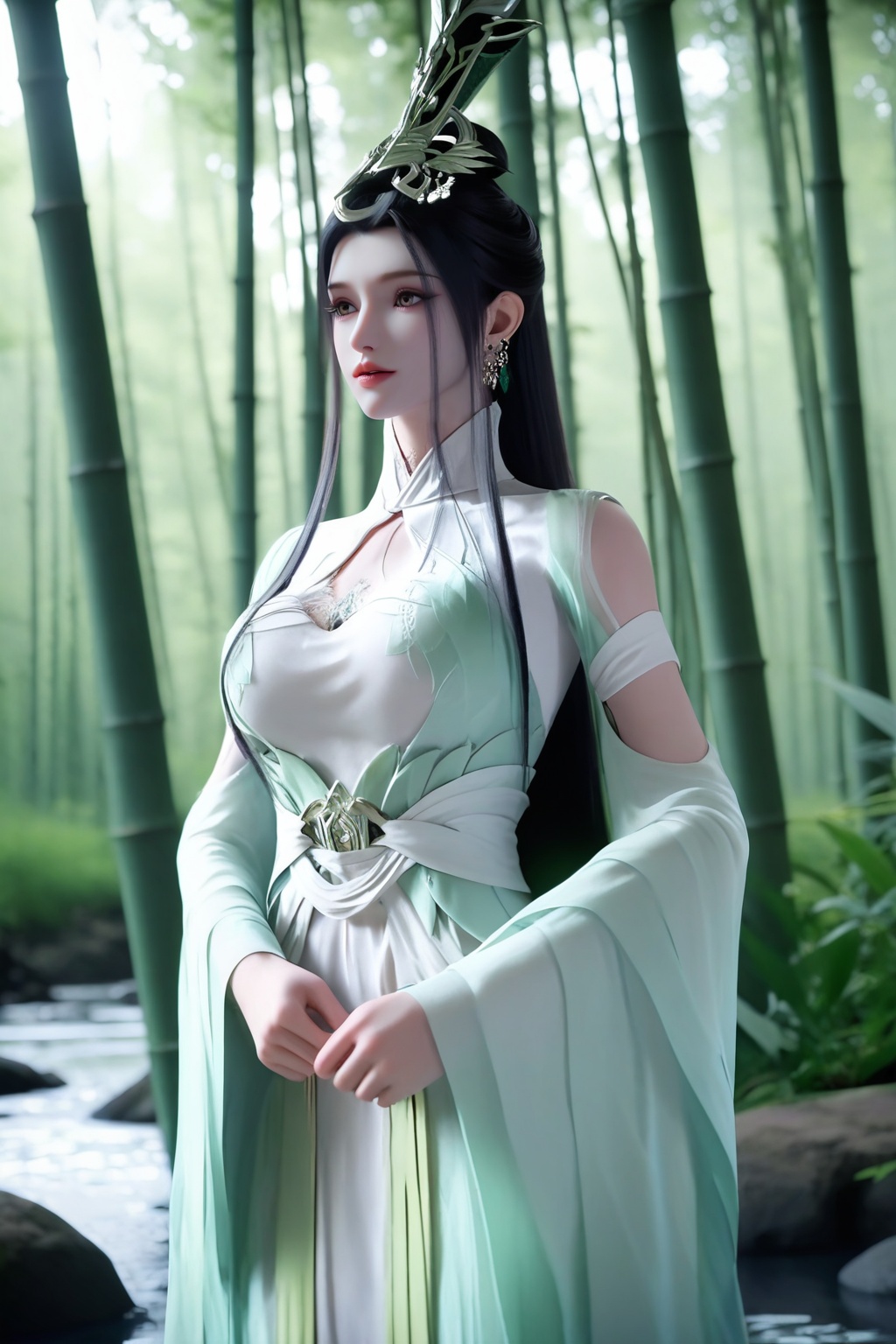 (Seated on a velvet divan in an opulent ballroom, she emanates regal elegance and sophistication:1.2),<lora:XL16神国之上陆嫁嫁:0.85>,miss lujiajia,mint green chinese clothes of sheer chiffon,brown eyes,black hair,single hair bun with long front strands,very long hair,hair ornament,jewelry,sash,wide flowing sleeves,(large breasts:1.2),bamboo forest,water,river,stone,, score_9,score_8_up,score_7_up,score_6_up,score_5_up,score_4_up,3d rendering,tag1,tag2, Cinematic Lighting,backlighting,