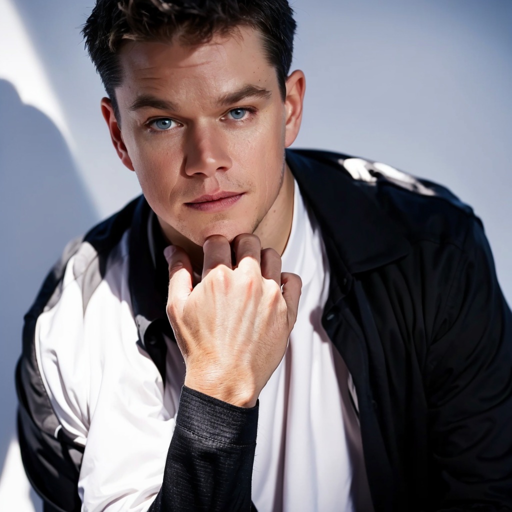 MattDamon,The Atmosphere of Film Cinema, captivating visuals, RAW photo, full sharp, high quality, delicate features,contour light,backlighting,Professional photography,exquisite composition,upper body,black suit,look at the viewer 1boy,sportsman, Visual_Optimization, Color_Harmonization, white background