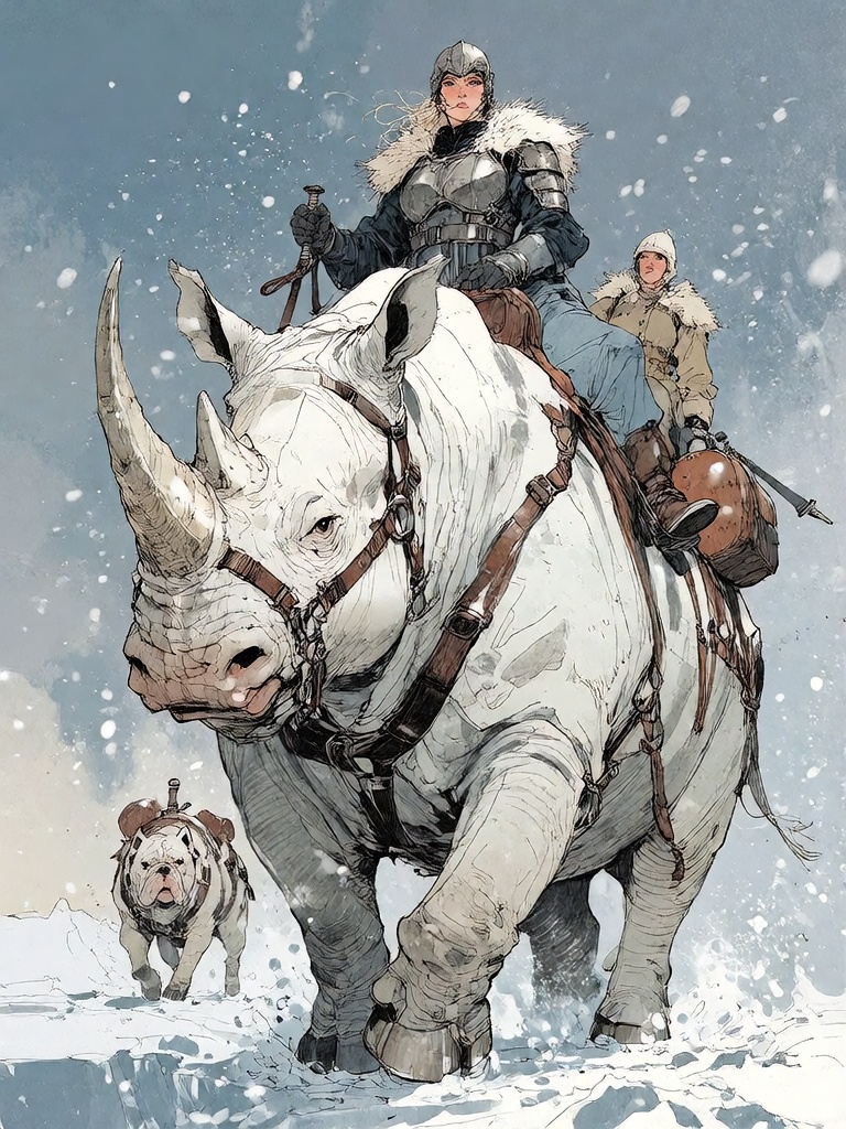 Bradhamel art style. A massive,  armored white rhinoceros with a mechanical horn and heavy harnesses strides through deep...