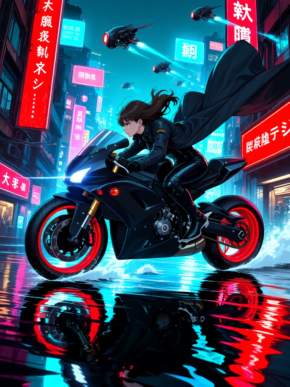 a confident anime biker racing through a flooded cyberpunk city at night,  futuristic black motorcycle cutting through ref...