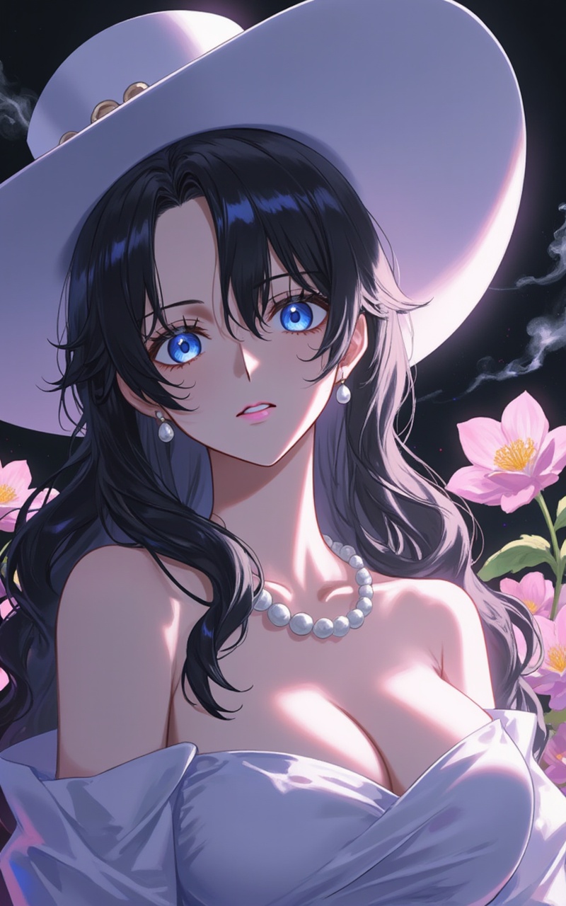 <lora:亚尔丽塔10:0.9>Alvida one piece,Alvida\(one piece\),black hair,blue eyes,long hair,hat,Close-up， 1girl,black hair,hat,solo,breasts,blue eyes,long hair,necklace,pearl necklace,jewelry,looking at viewer,cleavage,bare shoulders,collarbone,parted lips,upper body,white headwear,simple background,off shoulder,dress,top hat,beads,bead necklace,black background,large breasts,, cowboy shot,close-up,sleeves past wrists,flowers background,Close-up details,realistic style photo young woman,outstanding style,in her teens. Use soft lighting to cast gentle shadows on the subject,adding a touch of dimension to your images without compromising details,whirls of vapor,iridescent textures,(Anime:1.1),soft neon light,ethereal ambiance,delicate details,magical atmosphere,concept art,highly detailed,ultra-high resolution,32K UHD,sharp focus,best-quality,masterpiece,golden hour,unconventional supreme masterpiece,masterful details,temperate atmosphere,with a high-end texture,in the style of fashion photography,(cowboy_shot:1.2),photography,cover,Dynamic Angle,Dynamic posture,(cowboy_shot:1.2),(artist:quasarcake:0.8),extreme aesthetic,(wlop:0.6),(honjou raita,lack,rella,wanke:0.5),masterpiece,best quality,good quality,newest,year 2024,year 2023,very aesthetic,absurdres,Visual impact,A shot with tension,ultra-high resolution,32K UHD,sharp focus,best-quality,masterpiece,Emotionalization,unconventional supreme masterpiece,masterful details,temperate atmosphere,with a high-end texture,in the style of fashion photography,(Visual impact:1.2),giving the poster a dynamic and visually striking appearance,impactful picture,offcial art,colorful,splash of color,movie perspective,masterpiece,best quality,amazing quality,very aesthetic,absurdres,best quality,newest,