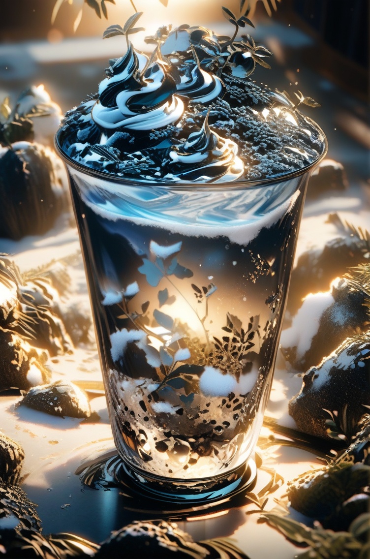 (Masterpiece, Boutique, Boutique, Official Art, Beauty, Aesthetics):1.2),a glass of ice and snow surrounded,milky white transparent water,Clean light color background,ray tracing,foreground occlusion,natural light,C4D,OC rendering,product photography,