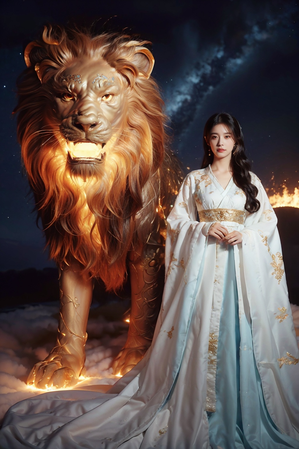 (1 girl), (wearing a gold embroidered dress), with long white hair, standing next to a flame lion. The lion is covered in flames, and the background is starry sky. The girl's gaze is firm, while the lion's gaze is wild and loyal. The entire scene is full of mystery and adventure. A girl with a fiery lion, night sky, stars, courage, determination, mythological creatures, fantasy, adventure, courage, loyalty, grandeur, magic, mystery, beauty (complex details, high resolution), clear focus, dramatic lighting, photo realistic art by Greg Rutkowski, Alphonse Mucha, and Frank Frazetta.