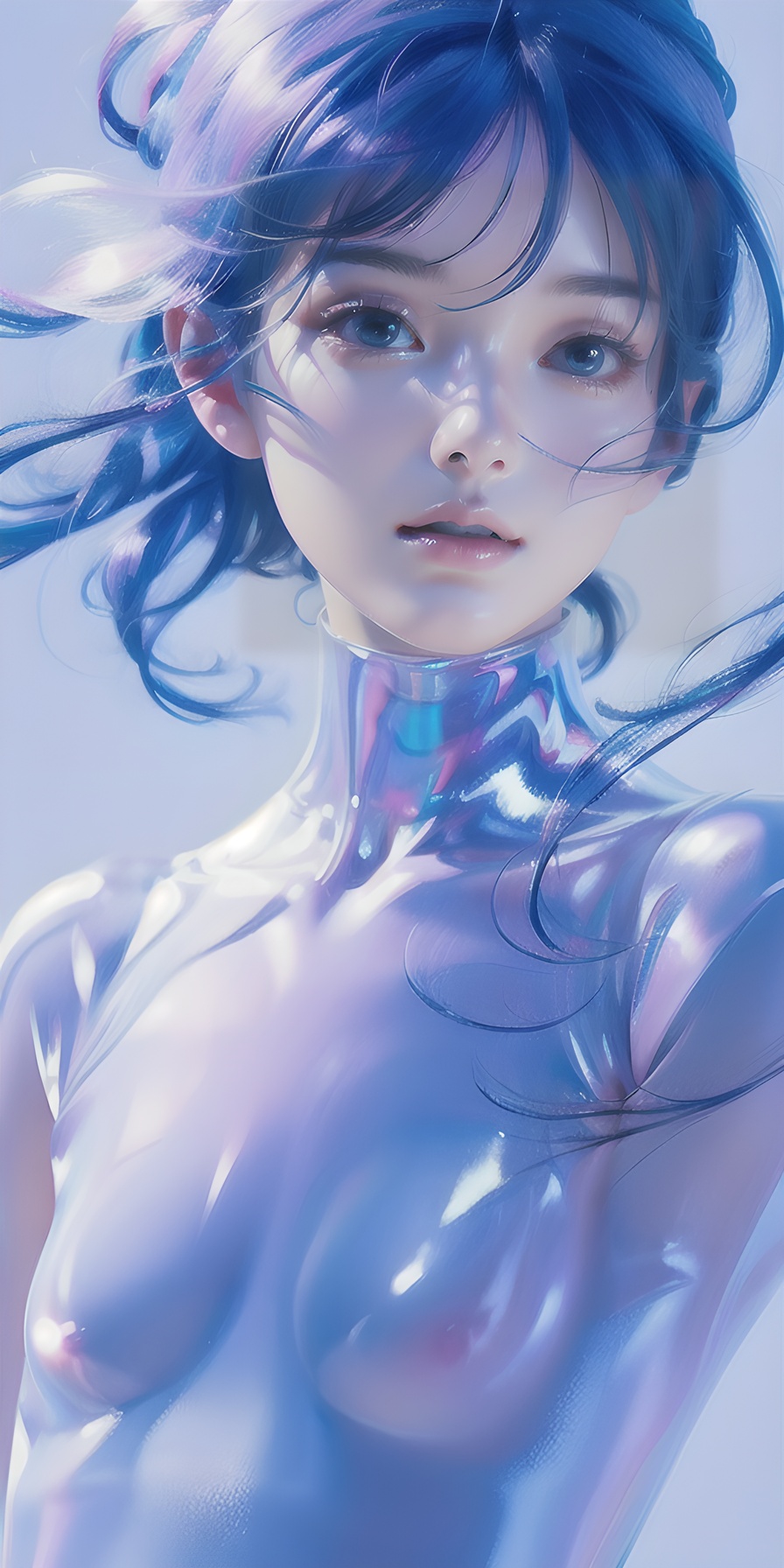 1girl, solo, blue eyes, hair over one eye, smile, looking at viewer, upper body,(holo hair), (purple|blue hair),breasts, lips, bangs, nose, closed mouth, medium breasts, realistic, simple background,(realistic:1.5),masterpiece, Extremely detailed CG unity 8k wallpaper, best quality, highres:1.2),(ultra_detailed, UHD:1.2),(pixiv:1.3),perfect illumination,distinct,unreal engine,sidelighting,perfect face,detailed face,beautiful eyes,pretty face,(bright skin:1.3),idol,ulzzang-6500-v1.1,soft smile,(simple background),(depth of field),(ringed eyes:1.4), (holo,holographic hair,holographic body),water, holo water,  <lora:holo_20230701001227:0.6>, <lora:meinv123:0.7>, <lora:磨砂玻璃几何（微软风）:1.2>, 