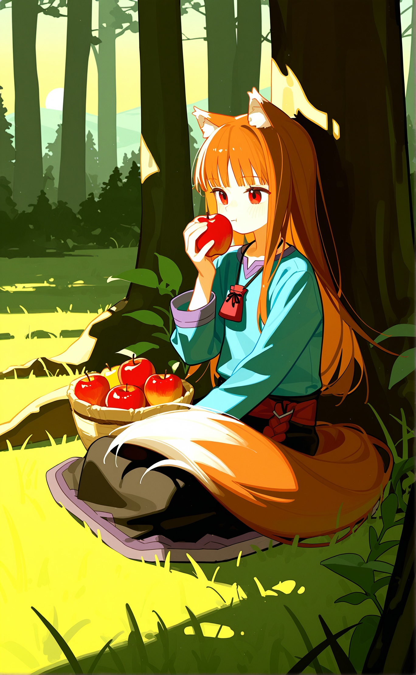 tianliang duohe fangdongye,1girl,solo,long hair,brown hair,red eyes,holding,animal ears,sitting,tail,food,fruit,wolf ears,holding food,wolf tail,apple,wolf girl,holding fruit,holo,holo \(spice and wolf\),forest,trees,sun,sidelighting,eating,closed mouth,