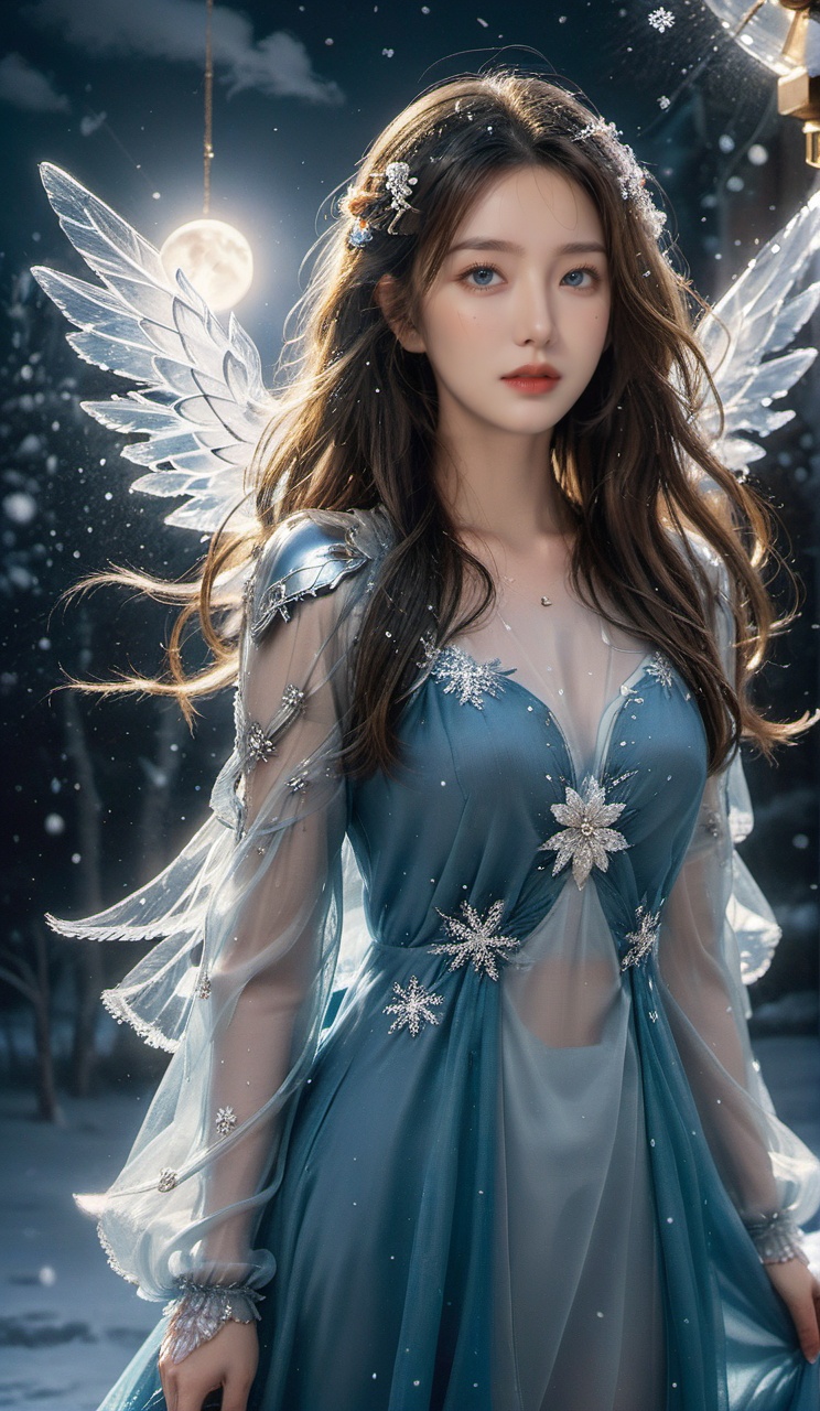 <lora:超现实02-000016:0.5>,1girl,solo,long hair,breasts,looking at viewer,blue eyes,brown hair,hair ornament,dress,closed mouth,standing,full body,flower,detached sleeves,wings,hair flower,see-through,sparkle,blue dress,outstretched arms,feathered wings,angel wings,realistic,angel,beautiful detailed glow, detailed ice, beautiful detailed water, (cold full moon), snowflake, (floating cloud:1.2),best quality,masterpiece,realistic,highres,masterpiece,absurdres,Studio lighting,extreme detail description,