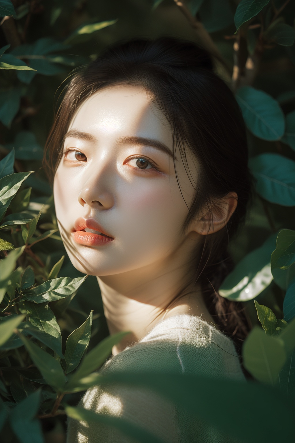 a girl in the green plant,portrait of a girl,