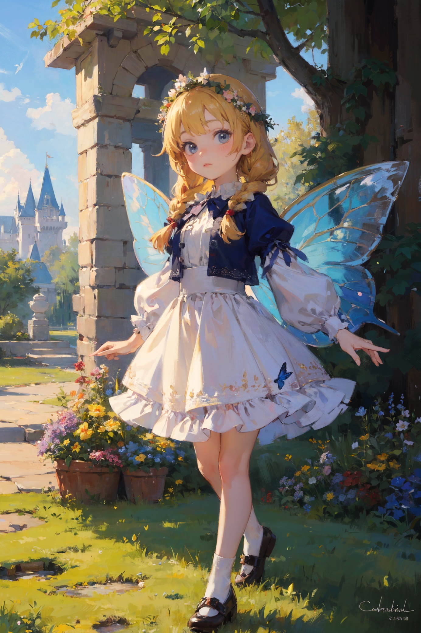 (masterpiece, top quality, best quality, official art, beautiful and aesthetic:1.2),4k,Disney fairy tale princess,6-8 years old cute appearance,rapunzel,long braids,with a wreath,wearing a pale yellow puffy princess skirt,two hands with skirts,gently tiptoe walking,shy expression,bird butterfly around her.bichu,oil painting,Impressionism chibi,