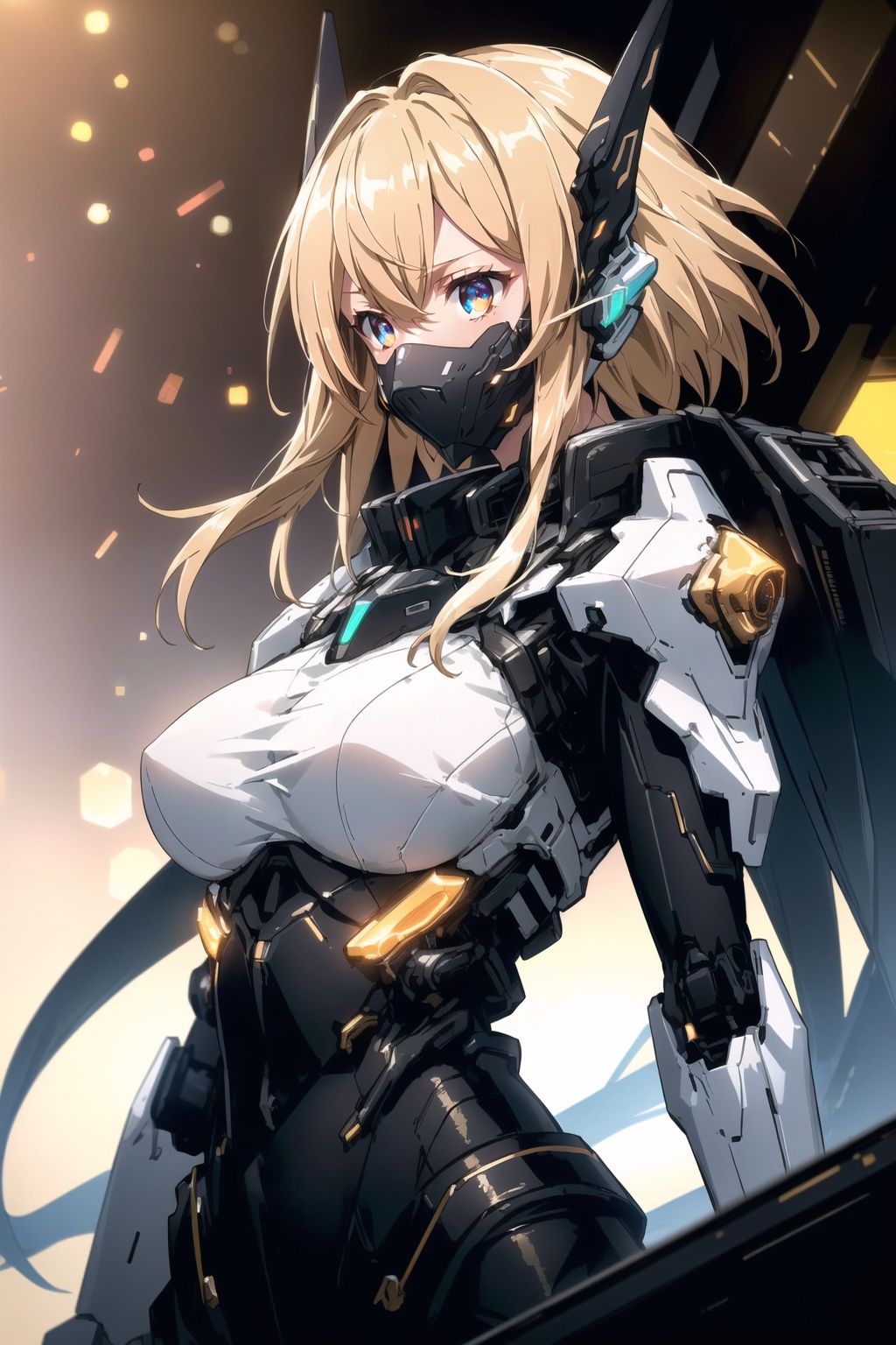 cgmech, (face mask, menpo), upper body, underboob,  portrait, robot,white orange armor, white shimmering hair, neon light, 8K, RAW, best quality, masterpiece, ultra high res, colorful, (medium wide shot), (dynamic perspective), sharp focus , (depth of field, bokeh:1.3), extremely detailed eyes and face, beautiful detailed eyes,large breasts,(black gold, trimmed gear:1.2),(In a futuristic weapons factory:1.2), ((masterpiece, best quality)),  <lora:cgmechmix_offset:1><lora:more_details:0.3> Detailed background, spaceship interior  <lora:Niji:0.5>