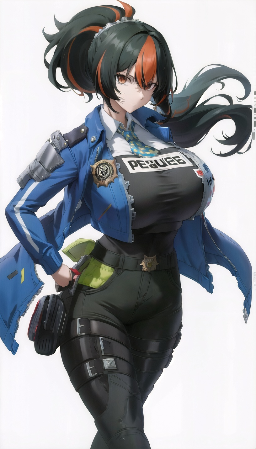 high ponytail, streaked hair,blue jacket,black pants,police uniform,(white background,simple background:1.18),highres,official art,original,masterpiece,best quality,(huge breasts),<lora:zhuyuan2:0.8>
