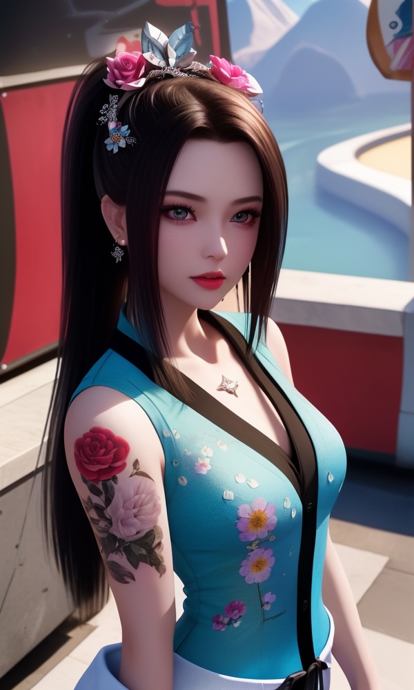 (,1girl, ,best quality, ),looking at viewer, <lora:411-DA-太一剑仙传-季师师:0.8> ,,ultra detailed background,ultra detailed background,ultra realistic 8k cg,, ,masterpiece, (( , )),ultra realistic 8k cgSurrounded by strange, movie perspective, advertising style, Colorful background, splash of color A beautiful woman with delicate facial features,tattoo all over body, flower arms,from above, 