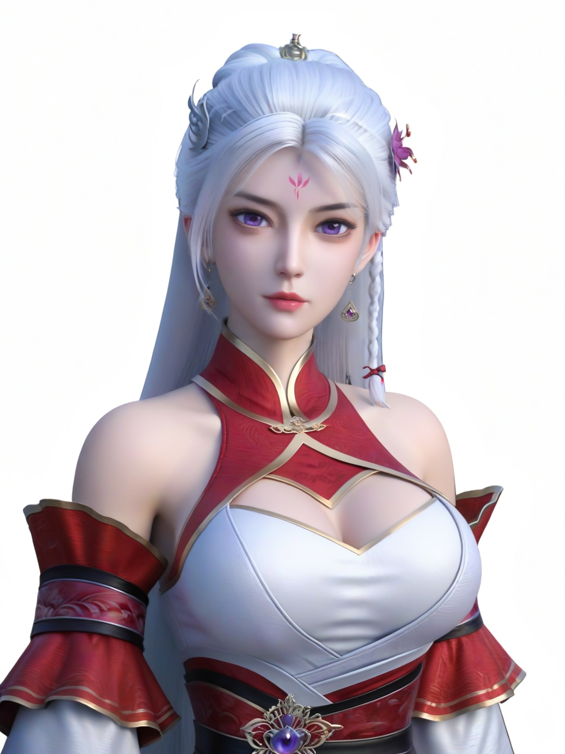 score_9,1girl,solo,dress,long hair,white hair,bare shoulders,braid,detached sleeves,forehead mark,earrings,purple eyes,hair ornament,eyelashes,large breasts,standing,wide sleeves,lipstick,looking at viewer,white background,simple background,cowboy_shot,<lora:SF_ChuLingEr_Pony_Realism2.3-000004:0.7>,