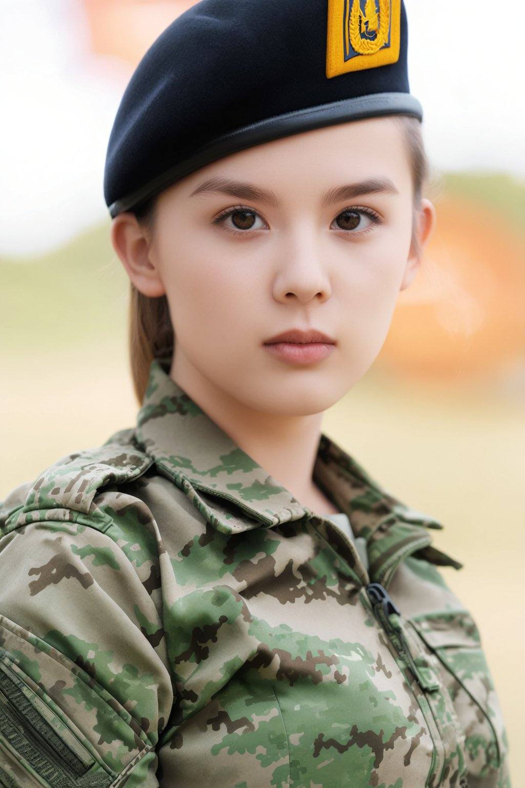 subject_079,  The image features a young woman dressed in military attire,  standing in what appears to be an outdoor sett...