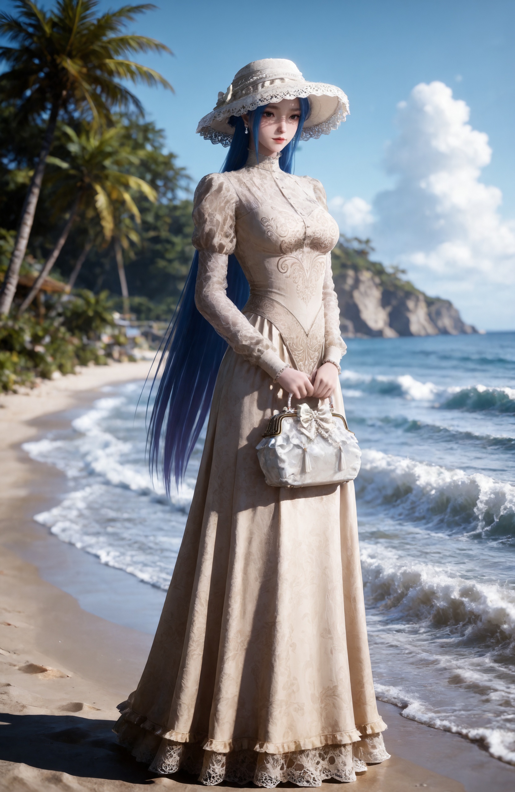 <lora:斗罗大陆2-唐舞桐-礼服IL:0.8> 1girl, blue hair, long hair, hat, black eyes,red lips, earrings, white dress, breasts, long sleeves, long dress, puffy sleeves,holding handbag,bag,, standing,Seaside,beach,waves,full body,