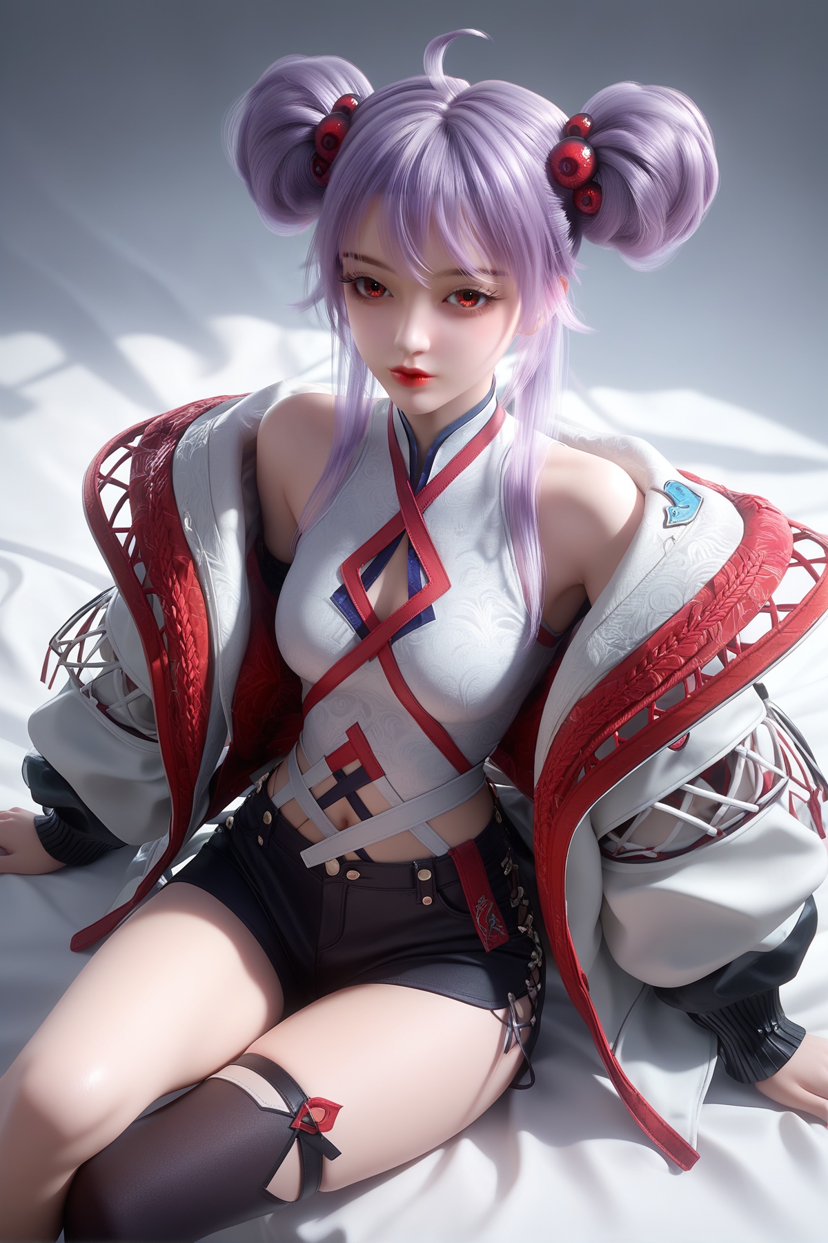 score_9,score_8_up,score_7_up,<lora:wy_zhizhu_XL7.0:0.8>,1girl,double bun,solo,thighhighs,jacket,hair bun,shorts,long hair,single thighhigh,ahoge,black shorts,shirt,sleeveless,white shirt,bangs,red eyes,purple hair,sitting,