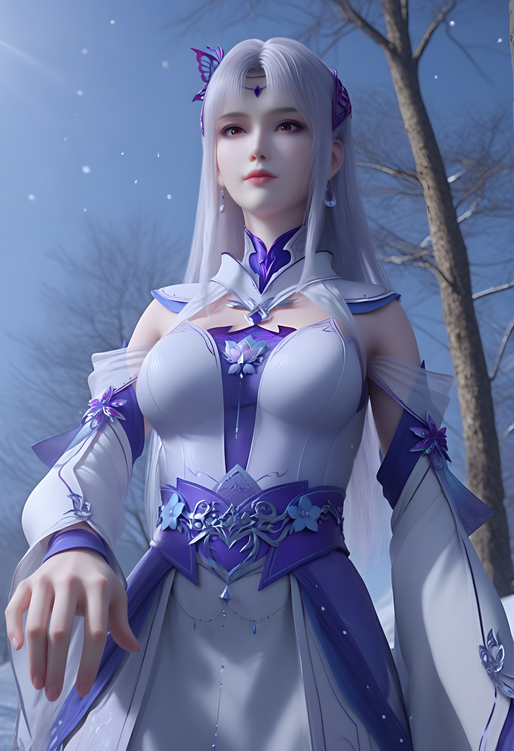 (score_9),<lora:小医仙白-apony:0.83>,xiaoyixian,solo,1girl,hair ornament,long hair,silver hair,headpiece,butterfly hair ornament,crescent earrings,detached collar,chest jewel,dress,detached sleeves,jewelry,<lora:Expressive_H-000001:0.8>,light blush,looking at viewer,red eyes,from below,spread fingers,pov,dutch angle,(mature_female:1.2),collarbone,pointy breasts,puffy breasts,(large teardrop breasts),<lora:e肤色滑块:0.5>,fair_skin,(pale_skin),(white_skin),<lora:e色温:0.35>,light skin,ultra-detailed skin texture,detailed textures,BREAKsimple background,in snow,Tyndall effect,available light,depth of field,tree,snowflakes,branch,twig,4K ultra HD,sharp focus,high detail,natural lighting,high contrast,
