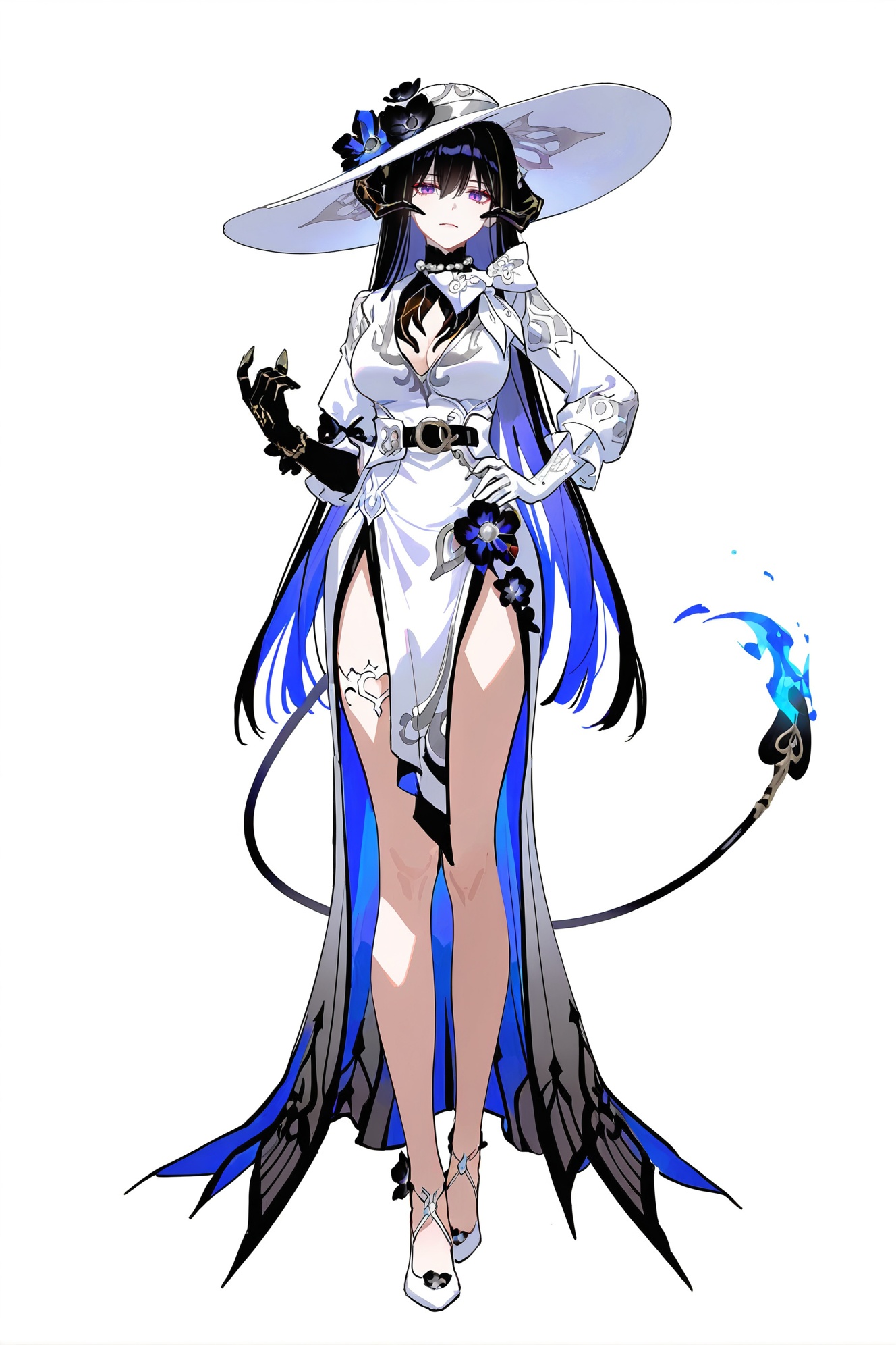 8k,best quality,masterpiece,(ultra-detailed),(high detailed skin),((artist:reoen),(artist:fuzichoco),(artist:atdan),(artist:torino_aqua),year 2024:0.8)1girl,[artist:wlop],[artist:ningen_mame],artist:ciloranko,[[artist:rhasta]],artist:tidsean,colorful,full body,full shot,standing,(solo:1.2),simple background,(white background:1.2),hand on own hip,(white background:1.1),looking at viewer,<lora:Constance-will-Tanger:0.8>,Constance \(Honkai: Star Rail\),clothes: dalihuadef white-and-blue dress,black Succubus horns,1girl,hat,breasts,purple eyes,long hair,black hair,mismatched gloves,white headwear,flower,blue hair,bangs,belt,multicolored hair,cleavage,white glove,black glove,