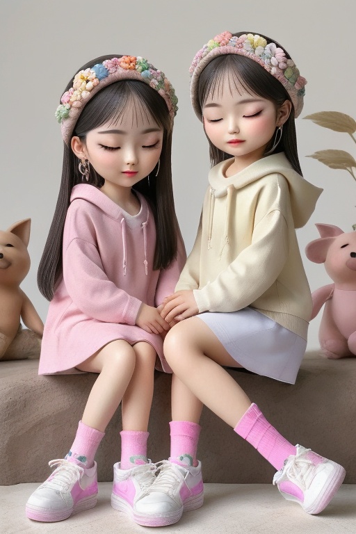 <lora:niantu-000007:0.7>,HDR,UHD,8K,Highly detailed,best quality,masterpiece,huayan,niantu, multiple girls, 2girls, closed eyes, shoes, sitting, long hair, child, earrings, hoodie, jewelry, black hair, socks, hood, female child, sneakers, hair ornament, skirt, pink shirt, pink dress, pink socks, pink footwear, flower, white footwear, shirt