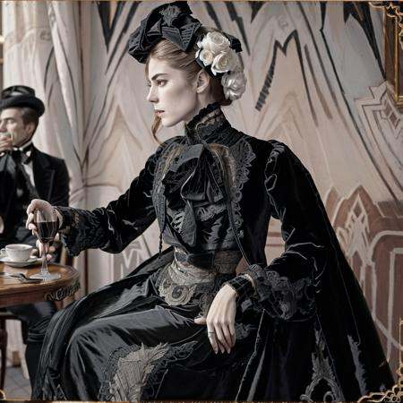 vintage photo of a c4rmr0se wearing a small hat and a black and white layered velvet dress,  jacket with appliques on the...