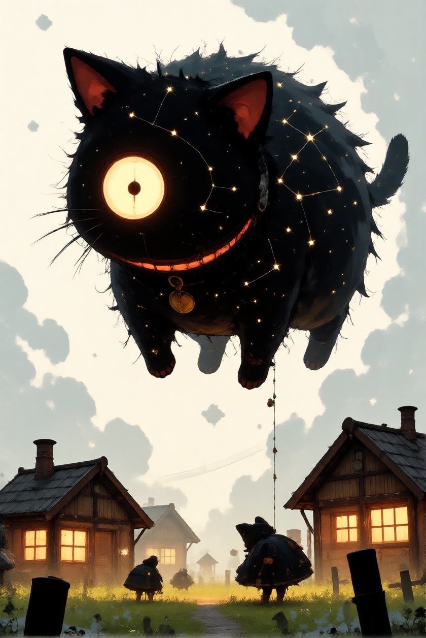 RawColorDaal,  A massive,  floating black cat with constellations stitched into its fur looms in the sky on Tensor.Art