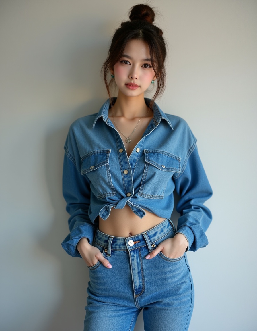 a real picture of a south korea woman,she wears sexy denim micro shirt\(topknot\),hot_pants_\(sbr\),