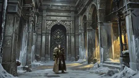 Yurimazum art style.Dark fantasy,  medieval architecture,  intricate carvings on Tensor.Art