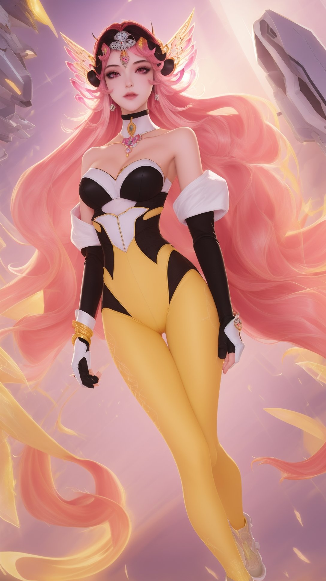 (1girl),smooth chin,masterpiece,detailed face,((hair ornament:1.6)),top quality,4k,make up,best quality,(detached sleeves),(medium breasts),blush,body blush,<lora:王者虞姬无限倾慕_v1.0:0.9>,(full body,long legs),black gloves,full bvody highleg leotard,yellow pants,white see-through sleeves,white mixed black edge clothes,(white bra),pink eyes,bare shoulders,headgear,