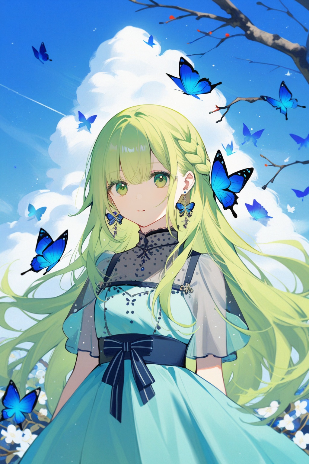 1girl,bird,long_hair,solo,butterfly,bug,sky,earrings,looking_at_viewer,nail_polish,braid,blue_butterfly,jewelry,cloud,outdoors,dress,branch,green_eyes,upper_body,