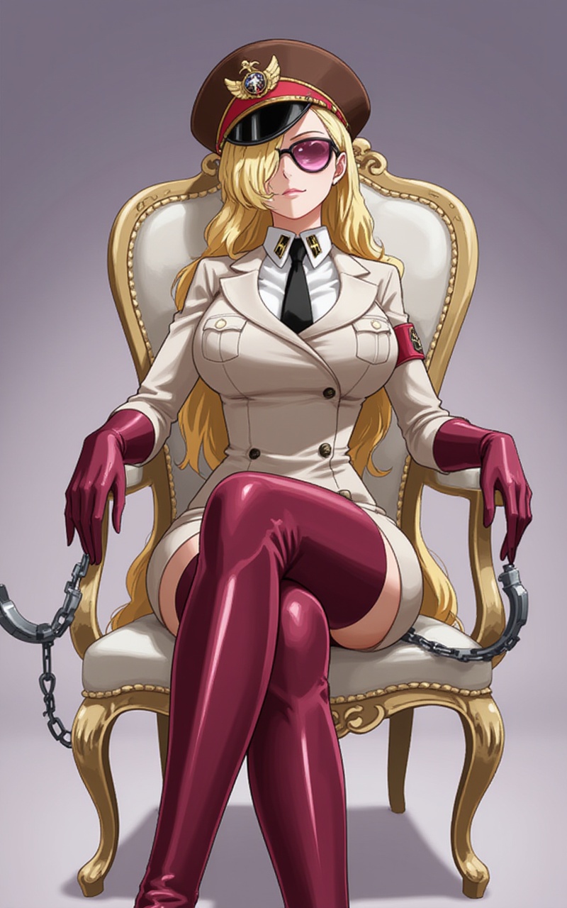 <lora:多米诺6:1.2>,duominuo,blonde hair,long hair,sunglasses,bangs,hair over one eye,bangs cover 1 eyes,1girl,hat,blonde hair,thigh boots,boots,thighhighs,uniform,solo,gloves,high heels,long hair,peaked cap,sitting,military,crossed legs,military uniform,cuffs,necktie,sunglasses,handcuffs,breasts,zettai ryouiki,high heel boots,6,chair,cover,simple background,gradient background,close-up details,outstanding style,adding a touch of dimension to your images without compromising details,close-up,lvjing,<lora:油画唯美滤镜15:0.3>,baoshi,<lora:DJ滤镜_动画版7:0.4>,lvjing,