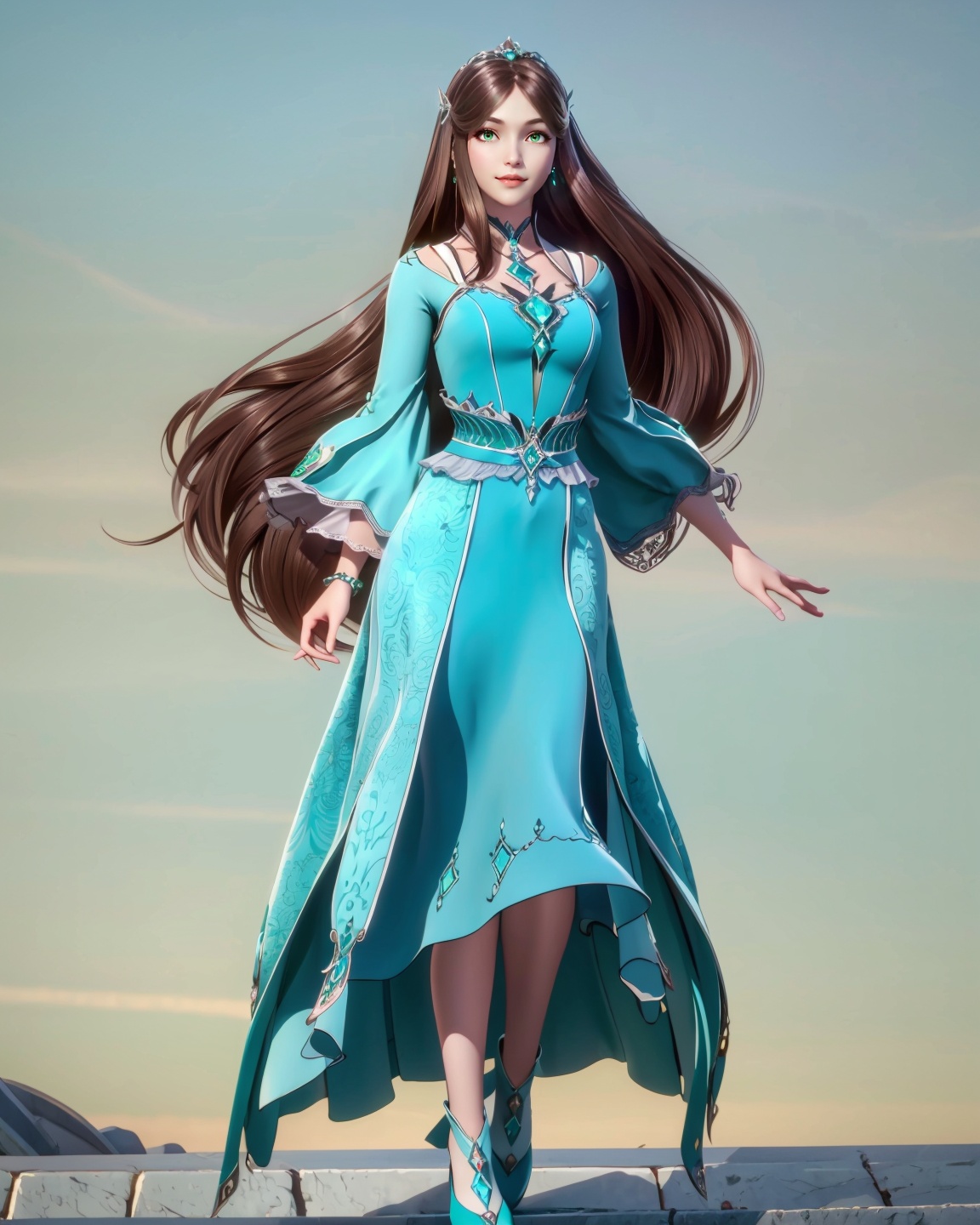 ningrongrong,1girl,solo,long hair,brown hair,hair ornament,dress,full body,blue dress,green dress,<lora:宁荣荣14LORA:0.8>,, masterpiece, best quality, masterpiece, best quality